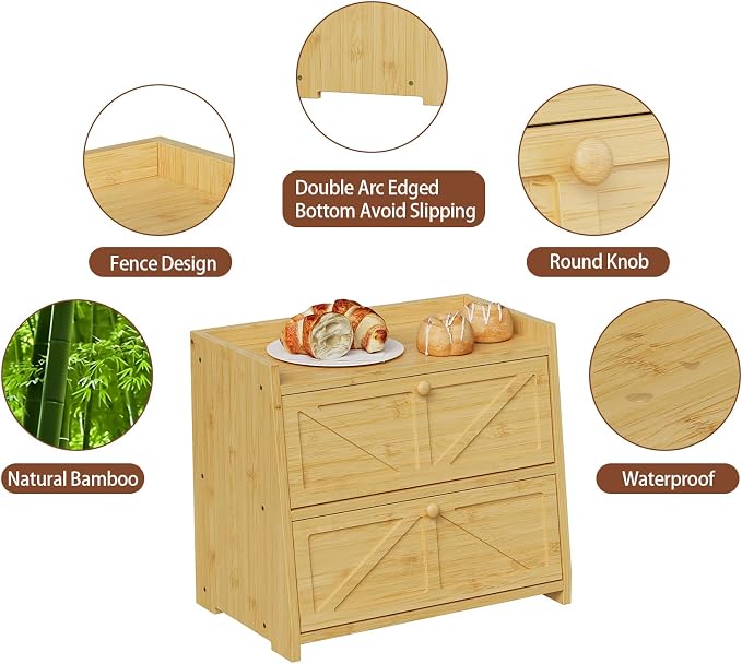 Trironsun Vintage Double Layer Bread Box for Kitchen Counter Bamboo Bread Storage Container Large Capacity Bread Storage Bin (Natural Bamboo) - Image 8