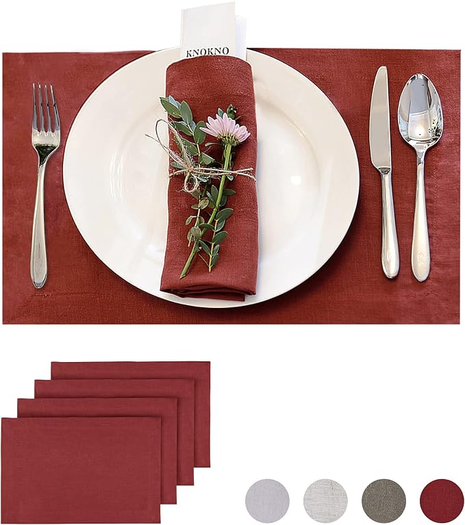 KNOKNO Home Pure Hemp Placemats 18 x 12 Inch Set of 4 Handcrafted with Mitered Corners Natural Fabric,Machine Washable Table Mats for Dining Tables (Red Garnet, Placemats | Set of 4) by KNOKNO