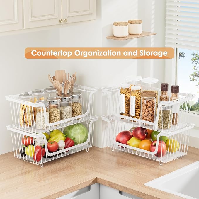 4 Pcs Stackable Wire Baskets for Pantry Organizers and Storage, White | Metal Baskets with Handles,Produce Potato Onion Storage Bin,Vegetable Fruit Basket for Countertop, Kitchen Storage - Image 3