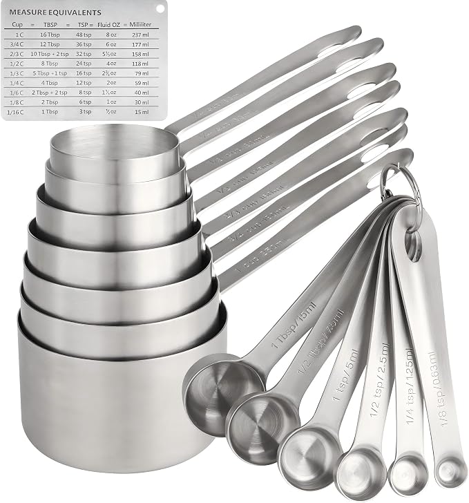 Measuring Cups and Spoons Set 16, 18/8 Stainless Steel Measuring Cups and Spoons for Dry&Liquid, 7 Metric&US Measing Cups &6 Measuring Spoons &Measure Equivalents for Kitchen&Baking by Viwehots