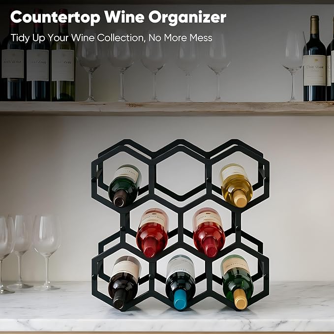 3-Tier Hexagon Metal Countertop Wine Rack, 8 Bottles Tabletop Wine Bottle Holder Stand for Cabinet Pantry, Indoor Outdoor Home Bar Storage Organizer - Image 4