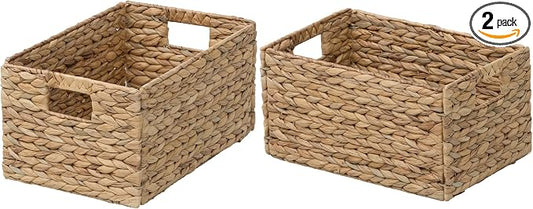 Rectangular Woven Hyacinth Wicker Pantry Storage Baskets, Set of 2 | 13.25"x9"x7", Natural, Iron Wire Frame by eHemco