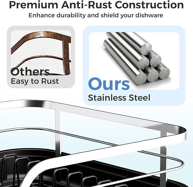 Expandable Stainless Steel Single Tier Dish Drying Rack, Auto Drain Dish Drainer for Kitchen Counter with Rotatable Multi-Slot, Drainboard, Utensil & Cutting Board Holder, 15"-22.4" Adjustable Length - Image 6
