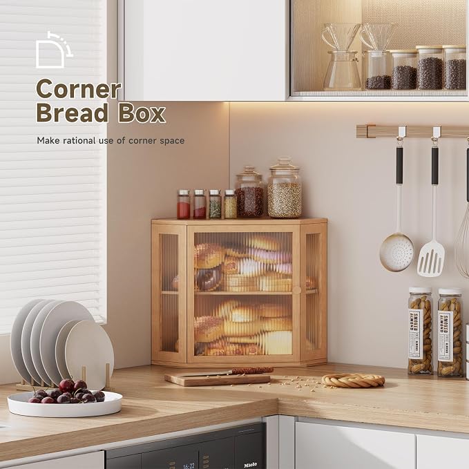 Corner Bread Box for Kitchen Countertop,Bread Storage Bin (Natural, Mediun) | Double Layer Large Capacity Bamboo Bread Container with Acrylic Door,Height Adjustable - Image 3