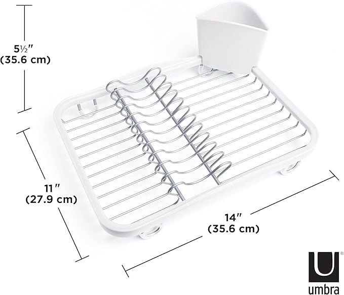 Umbra Sinkin Dish Drying Rack, in Sink or Countertop Drainer, White/Nickel | Removable utensil holder, non slip rubber feet, fits standard sizes, coated wire and plastic - Image 4