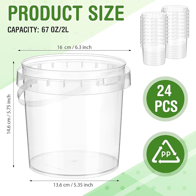Funnymoom 24 Pack Clear 67 oz /2L Deli Buckets with Lids Plastic Ice Cream Bucket with Handle Safe Food Storage Round Tub Pails Containers Freezer & Microwave for Fruit Snack Take out - Image 2