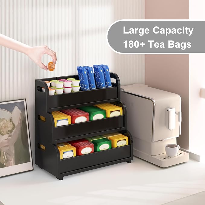 3-Tier Bamboo Tea Bag Organizer, Stackable Tea Holder for Countertop, Black | Tea Box Shelf with Removable Dividers, Wall Mount Large Capacity Tea Organizers and Storage for Pantry Kitchen Office Bar - Image 3