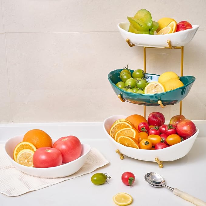 Fruit Bowl for Kitchen Counter with Gold Metal Stand | 3 Tier Fruit Holder,Tiered Fruit Basket for Fruit Vegetable Storage, Snack, Nuts, Cake, Dessert (White) - Image 6