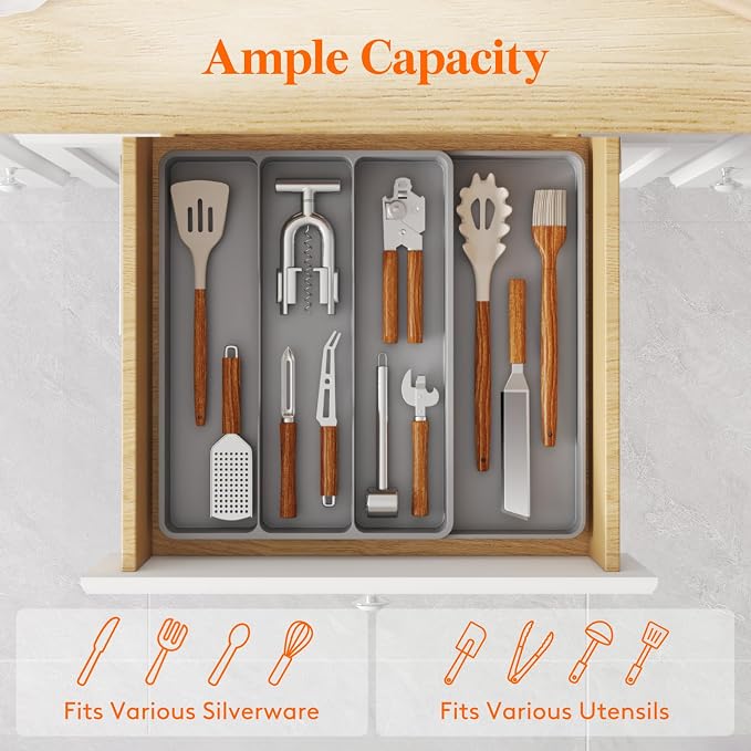 Lifewit Utensil Organizer for Kitchen Drawer, Expandable Cooking Silverware Tray, Adjustable Cutlery Flatware Holder, Plastic Spatula Tools Storage Divider, 17.3 x 15.8", Gray - Image 2