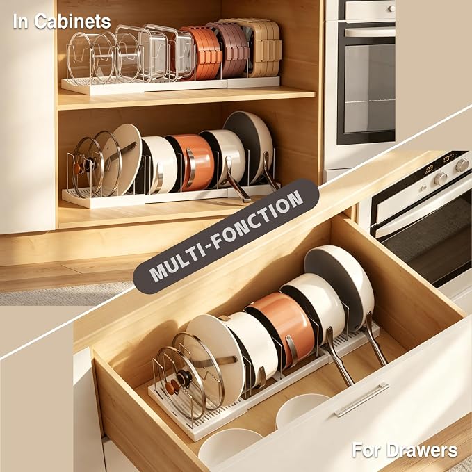 Magheo 2 Pack Pots and Pans Organizer Under Cabinet, Expandable 12.6"-22.8" Kitchen Cabinet Organizer Holder with 10 Adjustable Dividers for Food Storage Container Lid, Cookie Sheet, Cookware(White) - Image 8