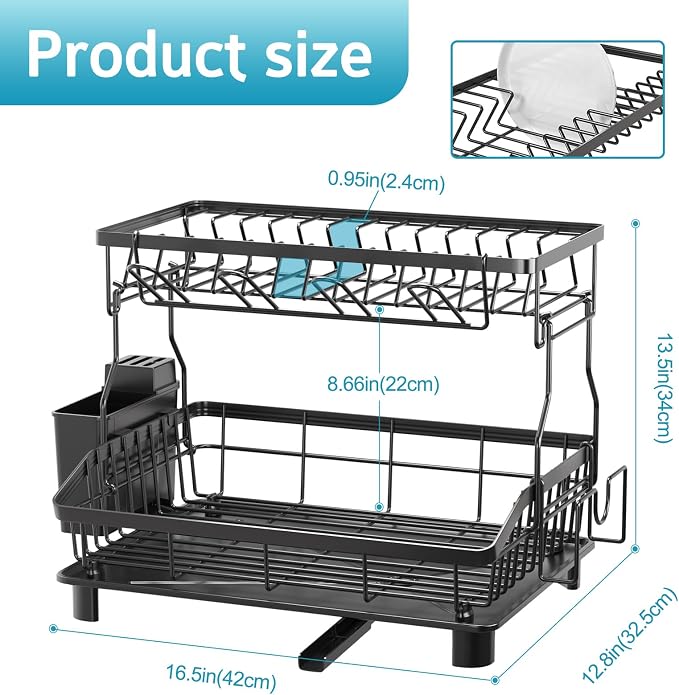 Dish Drying Rack - 2 Tier Large Capacity Dish Rack- Dish Racks for Kitchen Counter with Drainboard, Rustproof Dish Drainer with Removable Utensil Holder,Cutting Board Holder,Cup Holder, Black - Image 5