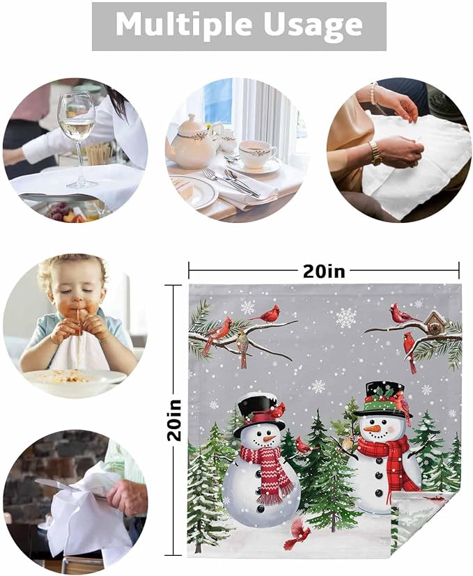 Grey Snowman Christmas Cloth Napkins, Washable and Reusable Dinner Napkins Set of 2, Xmas Tree Snowflake Winter Birds Table Napkin for Kitchen Party Birthday Wedding Hotel Housewarming 20''x20'' - Image 5