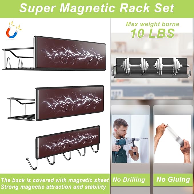 Magnetic Spice Rack for Refrigerator, 5 Pack Metal Strong Magnet Spice Organizer Shelves with Hook Rack, Space Saving Magnetic Fridge Shelf for Home Kitchen Organization and Storage (Black) - Image 3