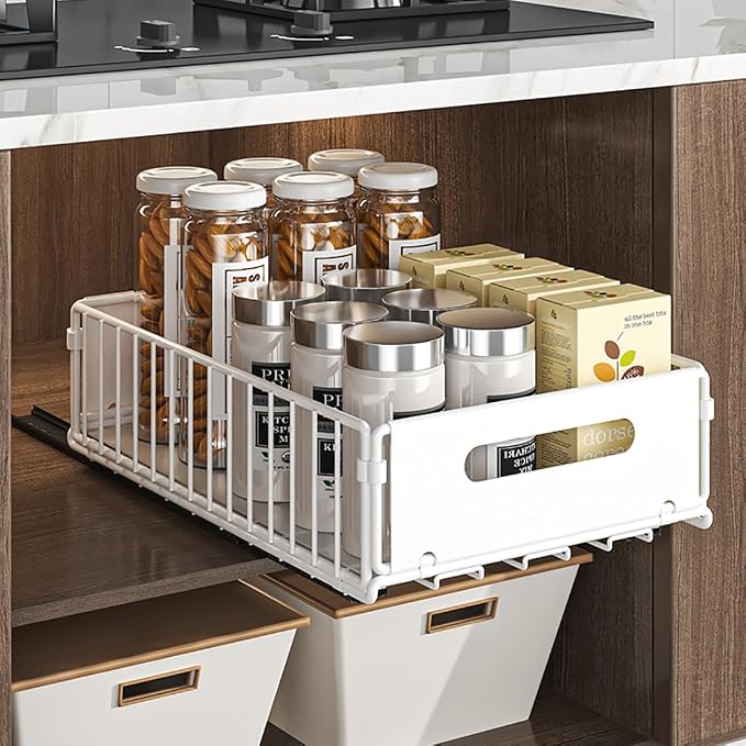 YunNasi Pull Out Cabinet Organizer, White, 2Piece 9.8" W X15 D X3.9 H | Slide Out Drawer Storage Shelves, Cupboard Organiser, Sliding Cabinet Basket for Kitchen, No Drilling and Nailing - Image 4