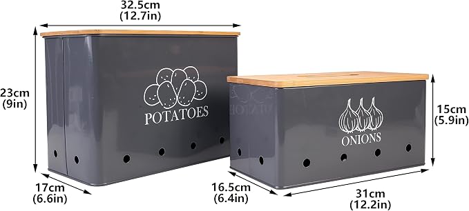 Potato Onion Storage Box, Food Container Sets, Storage Canisters for Vegeatables, Set of 2 Jars Pots Containers, Potato & Onion Bin with Aerating Tin Storage Holes & Bamboo Lid-Gray - Image 3