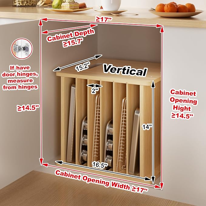 7 Tier Wooden Tray Dividers for Cabinets Cookie Sheet Organizer for Pot, Pans, Baking Tray Organizer for Kitchen Documents Storage(14" W x 16.5" H x 15.2" D) - Image 2
