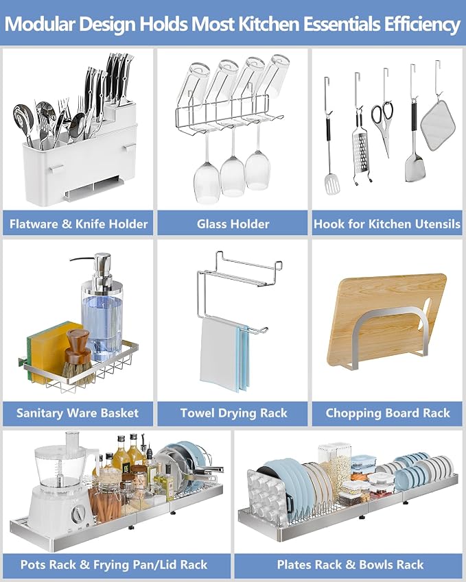 3 Tier Extra Large Over The Sink Dish Drying Rack, Expandable Stainless Steel Dish Drainer with Multifunctional Organizer, Space-Saving Above Sink Dish Rack with Large Capacity for Kitchen Counter - Image 4