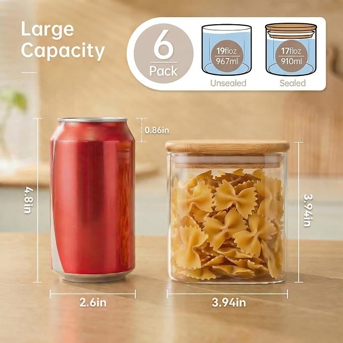 27 oz Square Glass Food Storage Containers with Airtight Bamboo Lids, 6Pack | Stackable Small Pantry Jars for Spices, Nuts & Seeds , 3mm Borosilicate Glass Canisters Keep Food Fresh, Easy to Fill & Clean - Image 3