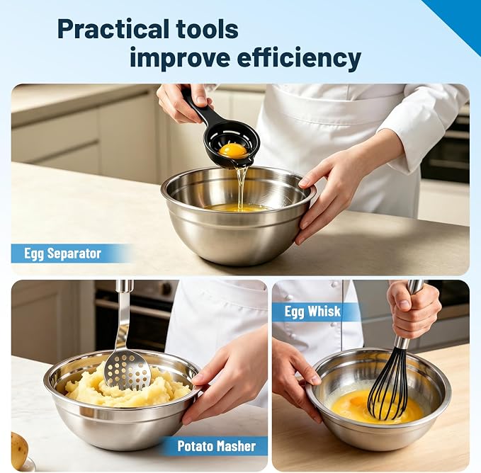 Stainless Steel Mixing Bowls with Lid and Colander Set | Size 6.3, 4.3, 3.6, 2.9QT,9Pcs Multipurpose Kitchen Metal Bowls with Grater,Colander,Egg Whisk,Separator for Baking Serving - Image 5