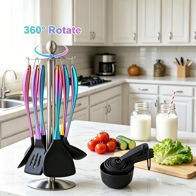 Silicone Cooking Utensils Set, 17pcs Kitchen Utensil Set with Rotatable Holder, Heat-Resistant Silicone Utensils for Cooking, Non-Stick Spatula Set with Stainless Steel Handle,Turner,Ladle (Rainbow) - Image 4