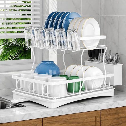 Dish Drying Rack for Kitchen Counter, 2 Tier Stainless Steel ​Sinkside Dish Racks with Drainboard Set, Stainless Steel Rustproof Dish Drainer with Drainboard, Kitchen Removable Cutlery Holder, White by Unknown