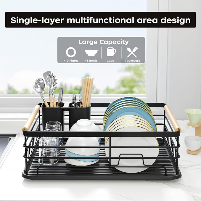 Dish Racks for Kitchen Counter: Wooden Handles, Thickened Metal, No Assembly. Small Dish Drying Rack: Ideal for Small Households. Drying Rack Kitchen: Black - Image 2
