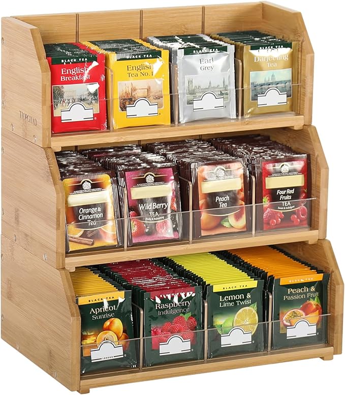 3-Layer Stackable Bamboo Tea Bag Organizer Storage Holder, Natural | Holds 260 tea bags, Removable Compartments, Wood, Acrylic dividers, 12.2 x 7.5 x 13.8 in, for Cabinet, Countertop, Office by TIOPGHAD