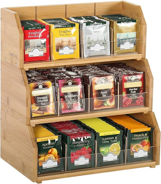 3-Layer Stackable Bamboo Tea Bag Organizer Storage Holder, Natural | Holds 260 tea bags, Removable Compartments, Wood, Acrylic dividers, 12.2 x 7.5 x 13.8 in, for Cabinet, Countertop, Office by TIOPGHAD