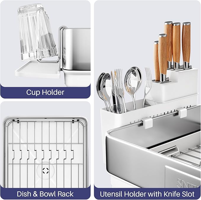 SNTD 304 Stainless Steel Dish Drying Rack for Small Kitchen Counter, White | Rustproof, Large Capacity, Heavy-Duty Frame, Rotating Spout, Angled Drainboard, Removable Cup & Utensil Holder - Image 5