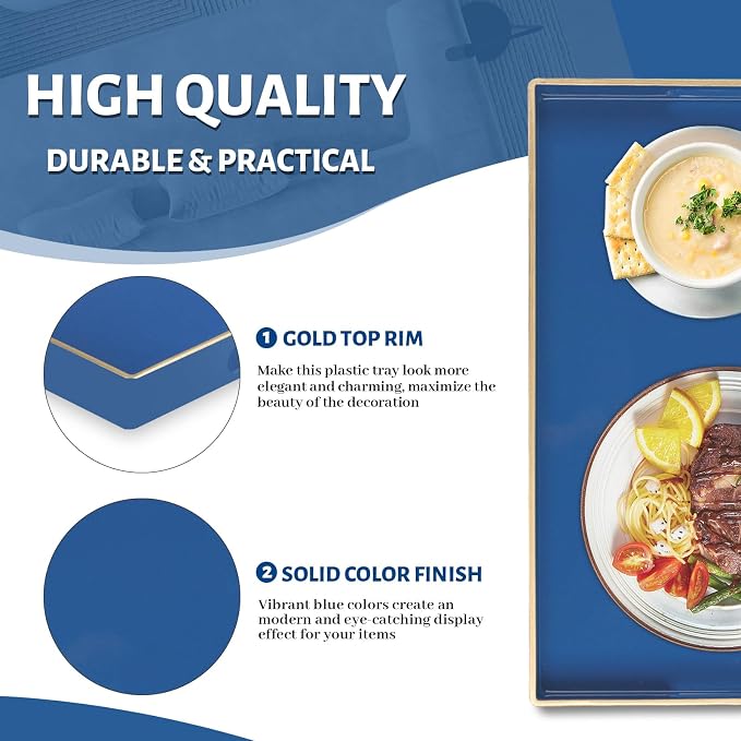 Navy Blue Serving Tray with Handles, Plastic Modern Decorative Tray | Rectangle Melamine Tray, Ottoman Tray, Coffee Table Tray, Countertop Organizer Tray for Living Room, 15.8"L x 10.2"W x 1.4"H - Image 4