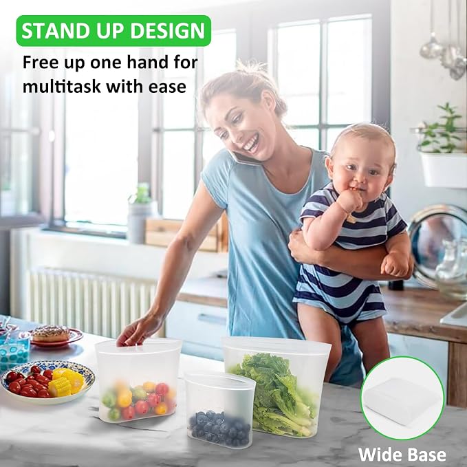 100% Platinum Silicone Reusable Food Storage Bags, 4 Pack, 51fl.oz/1500ml | Premium Silicone Reusable Storage Bag, Stand-Up Wide-Mouth Ziplock, Medium Size, Freezer Microwave Dishwasher Safe, Clear - Image 5