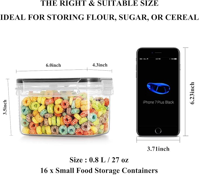 Wildone Airtight Food Storage Containers with Lids 0.8L, 16PCS, Black | Kitchen and Pantry Organization Canisters for Cereal, Pasta, Snack, Sugar, Flour, Airtight Seal, BPA Free, Includes 20 Labels - Image 3
