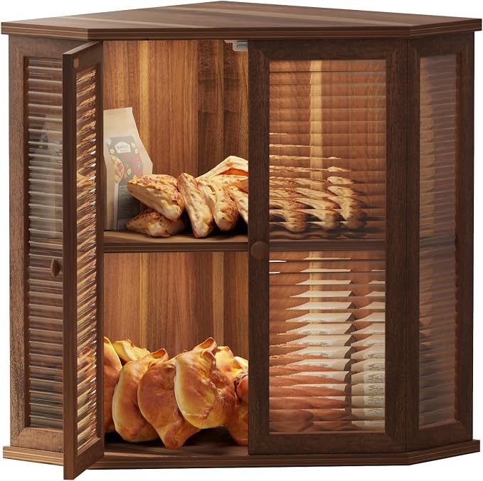 Corner bread box Bread Box for Kitchen Countertop - Corner Bread Storage Box 16.5" H, Premium Wood with Glass Door, Perfect for Homemade Bread, Baguettes & Pastries (Acacia brown) by Aycarzcy