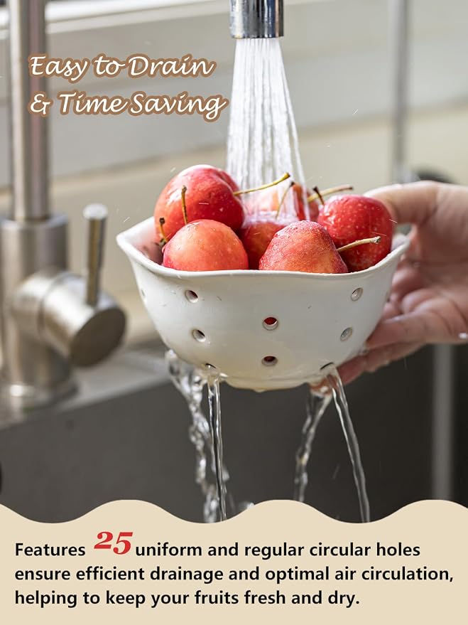 Gomakren Ceramic Berry Basket Set of 2, Elegant Fruit Basket Container 6 Inch, Fruit Bowl with Holes for Kitchen Counter, Berries, Strawberry, Grape, Cherry, Floral Shape - White - Image 4