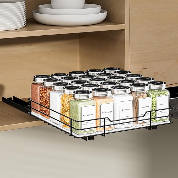 BOIVSHI Pull Out Spice Rack, Slide Out Spice Rack for Cabinet, Spice Organizer for Kitchen and Pantry, Fits Spices, Sauces, Canned Food (10.5''Wx10.5''Dx2.5''H) by BOIVSHI