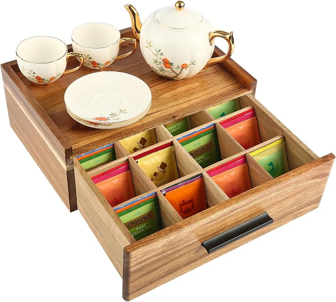 Acacia Wood Tea Bag Organizer - 12-Compartment Capacity Tea Box Organizer Storage Box with Drawer, Tea Accessories for Tea Bags Storage Drawer, Tea Station for Countertop by NewEle