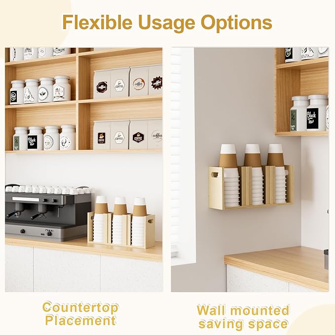 Wood Cup Lid Organizer 3 Compartments with Adjustable Dividers for Counter Wall Mount Disposable Cup and Lid Storage Kitchen Restaurants Fast Food Coffee Shop Supplies (15”W x 7”H x 4.7”D) - Image 7