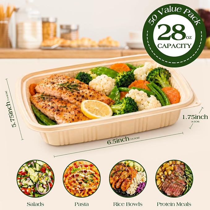 100 Piece (50 Pack) Meal Prep Containers with Lids, 28 oz Cornstarch Food Storage Containers Plant-based Lunch Box for Salad,BPA Free Plastic Take Out Containers Microwave and Freezer Safe - Image 4
