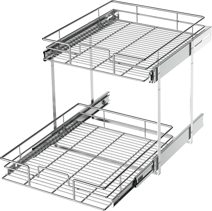 LOVMOR 2 Tier Individual Pull Out Cabinet Organizer 14" W x 18" D, Slide Out Kitchen Cabinet Storage Sliding Shelves by LOVMOR