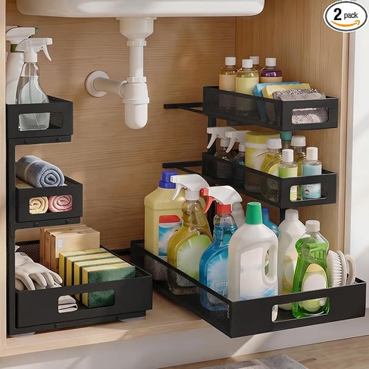 3 Tier Under Sink Organizer,2 Pack Pull Out Cabinet Shelves with Adjustable Height,Heavy Duty Carbon Steel L-Shaped Storage for Kitchen Bathroom Sink,Pantry & Laundry,Black by Unknown