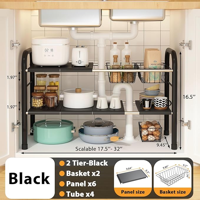 Expandable Under Sink Organizer, 2 Tier Under Sink Shelf | With 2 Removable Baskets and 6 Removable Panels, For Cabinet Sink Cloakroom Wardrobe Closet Storage, Black, 17.71”-32”Length - Image 6