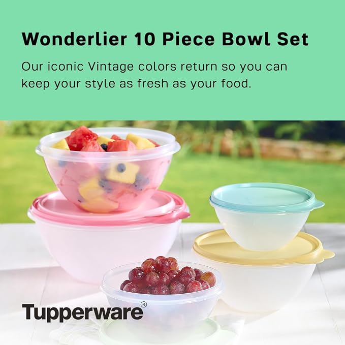 Tupperware Heritage Wonderlier 10 Piece Food Storage Bowl Set in Vintage Colors- Dishwasher Safe & BPA Free - (5 Containers + 5 Lids) - Image 2
