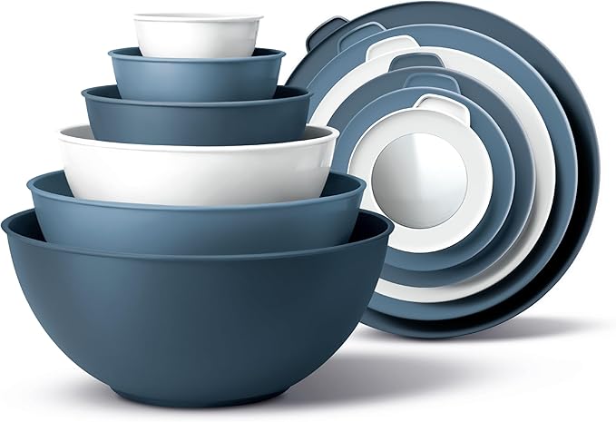 COOK WITH COLOR Mixing Bowls with Lids - 12 Piece Plastic Nesting Bowls Set includes 6 Prep Bowls, Microwave Safe Mixing Bowl Set, Blue and White TPR Lids by CookwithColor