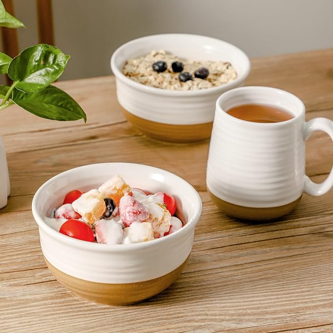 HASENSE Ceramic Cereal Bowls, 20 OZ Soup Bowls for Kitchen, White Bowls Dishwasher and Microwave Safe, Stackable Bowl Set for Pasta Oatmeal Rice Ice Cream, Colorblocked Design Dessert Bowls, Set of 6 - Image 5