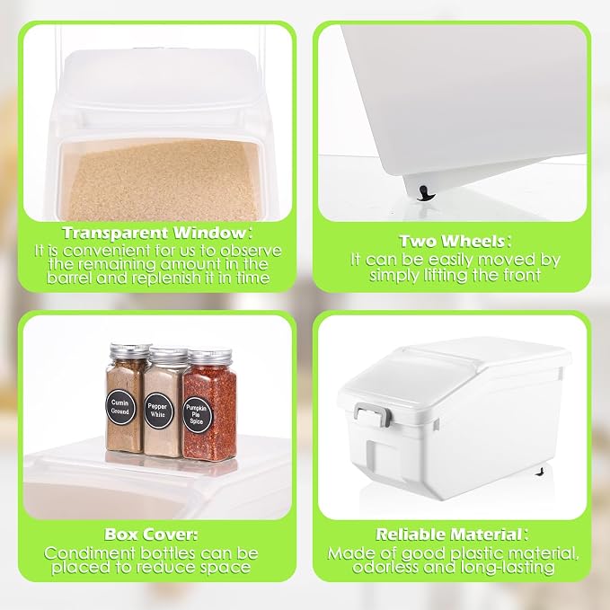 4 Pcs Rice Storage Containers Bulk Flour Sugar Container Wheels Measuring Cups Set Airtight Pet Dog Cat Birds Food Bin Grain Cereal Organizer Box for Dry Baking(White,22 lb) - Image 3