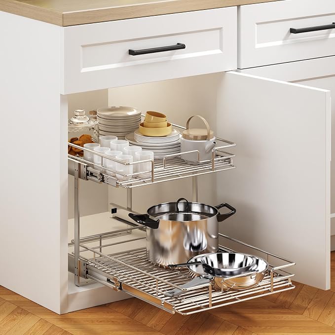 2 Tier Individual Pull Out Cabinet Organizer 19½" W x 21½" D, Heavy Duty Cabinet Pull Out Shelves, Slide Out Drawers Organization for Kitchen Cabinets Bathroom - Image 5