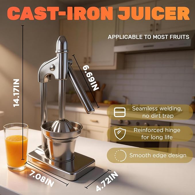 Fruit Juice Squeezer,Manual Juicer Hand Press,Orange Lemon Squeezer,Heavy Duty Manual Juicer,Professional Citrus Juicer Fruit Juice,Easy to Clean (Silver) - Image 2