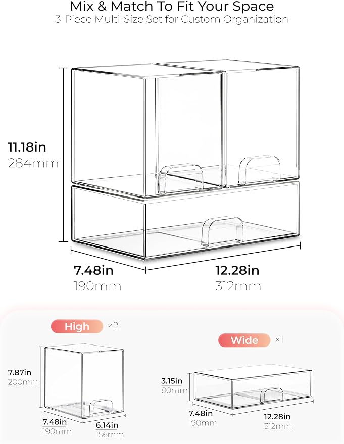 Stackable Storage Drawers Organizer Set of 3 for Bathroom Organizer Storage | Clear Plastic Organizer Bins for Baby Bottle, Kitchen Under Sink, Laundry, Pantry, Beauty, Cabinet, Medicine, Office Supplies - Image 2