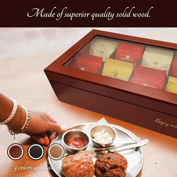 BJOYFUL&LOVED Wooden Tea Box with Glass Lid, 8-Compartment, Cherry Color | Removable Dividers Customize Storage for Tea Bags, Sugar Packets, Coffee Capsules, Jewelry, Watches and Small Accessories - Image 9