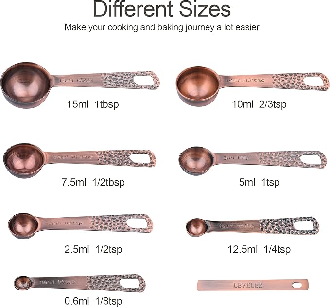Copper Measuring Cups and Spoons Set, Stainless Steel Copper Plated 6 Metric & US Measuring Cups & 7 Spoons with Leveler for Baking & Kitchen - Image 4
